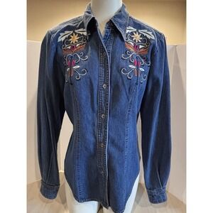 VTG Hairston Roberson ROPA Western Denim Button Up Shirt Women Sz S Embroidered
